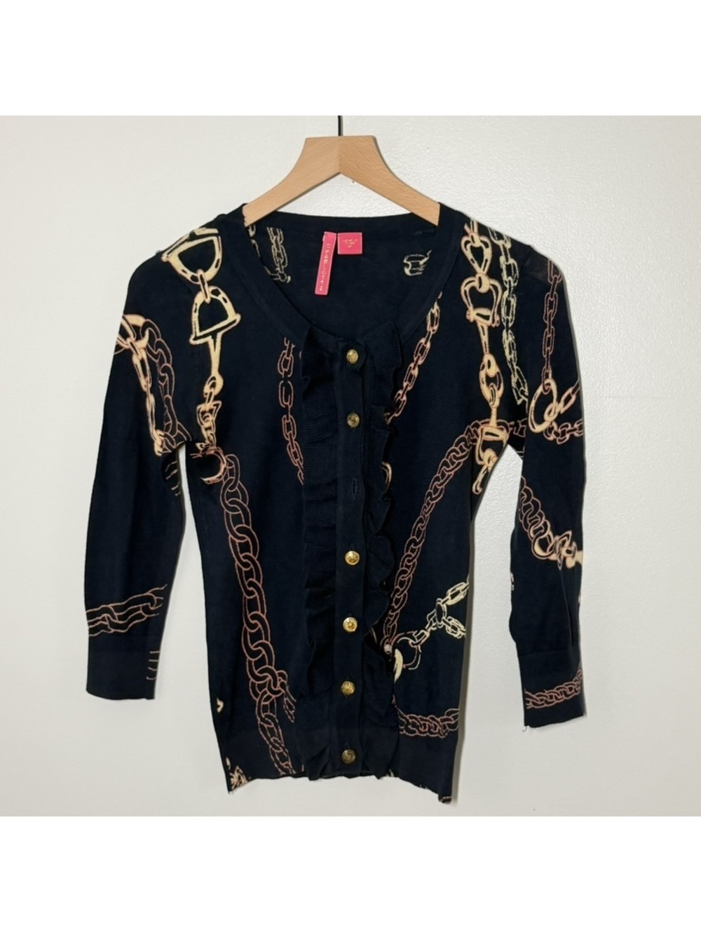 Charlotte Chain Print Ruffle Cardigan Gold Buttons Navy Size M Missing Button